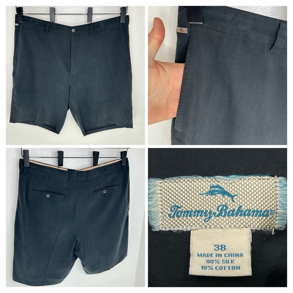Tommy Bahama Chino Shorts Size 38 Pleated Silk Black Vacation Resortwear 39x9.5